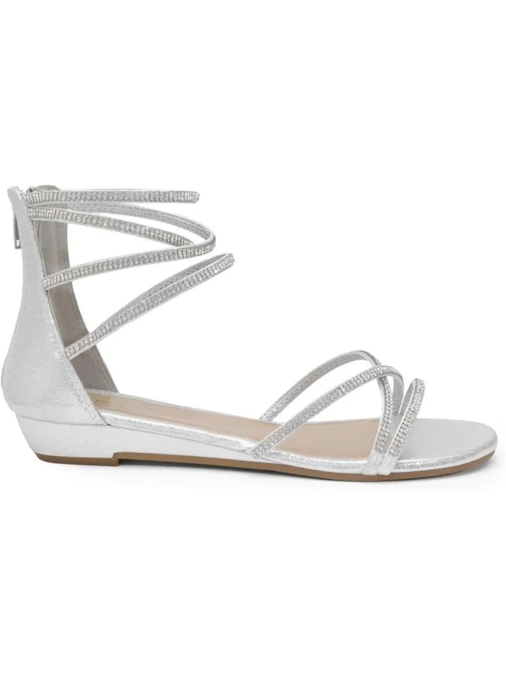 Women's Silver Rhinestones Gladiator Flat Sandals Ankle Strap Comfortable Zip